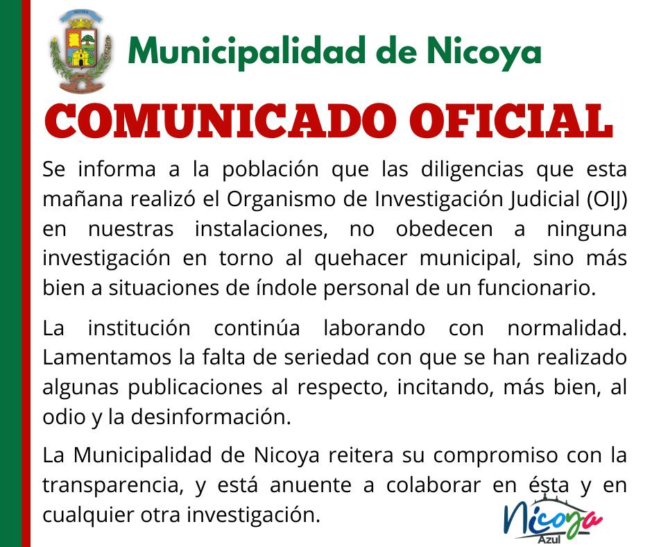 Comunicado oficial de la Municipalidad de Nicoya