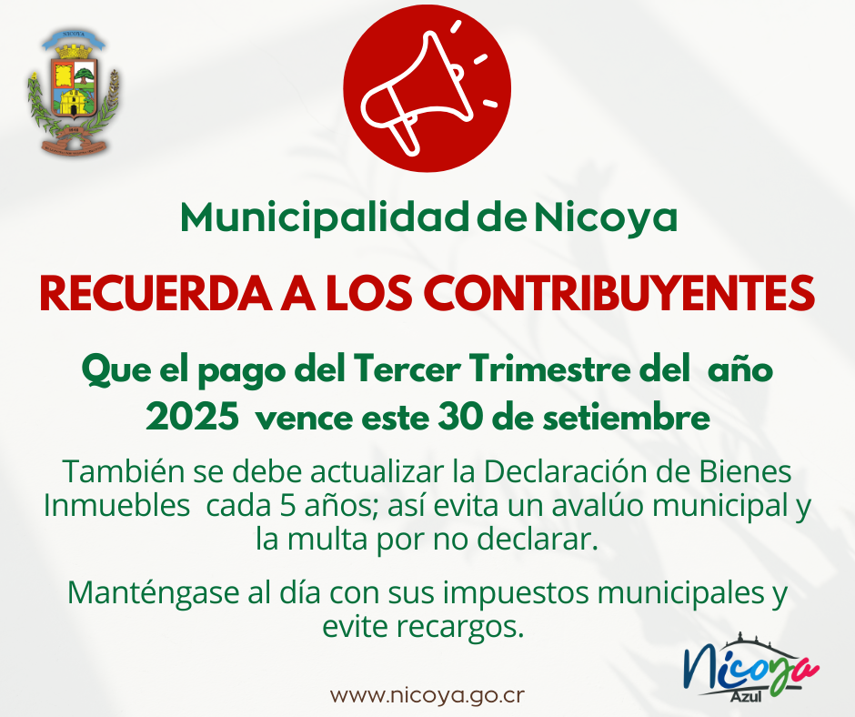 El 30 de setiembre el pago de impuestos municipales del tercer trimestre del 2025