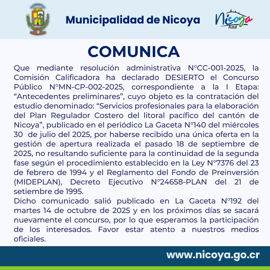 Comisión Calificadora declara desierto concurso para la elaboración del Plan Regulador Costero de Nicoya