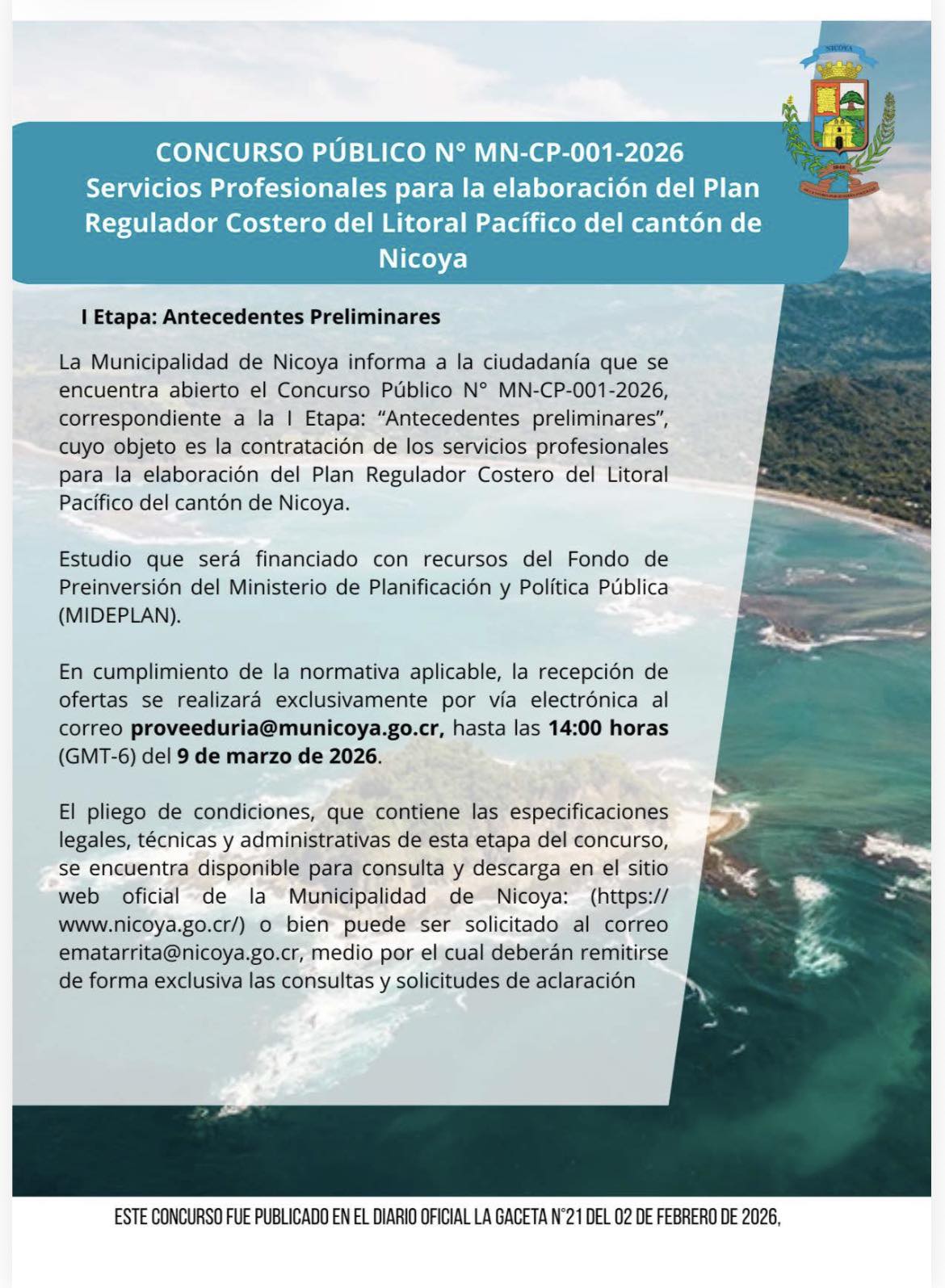Municipalidad de Nicoya abre concurso público para elaborar el Plan Regulador Costero del litoral Pacífico