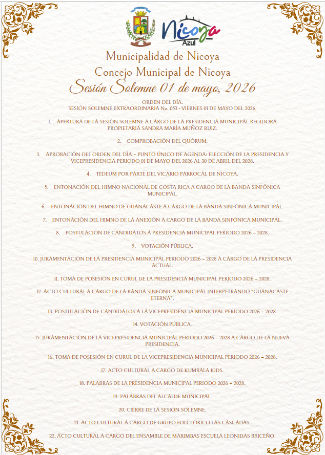 Orden del Día de la sesión solemne del Concejo Municipal de Nicoya